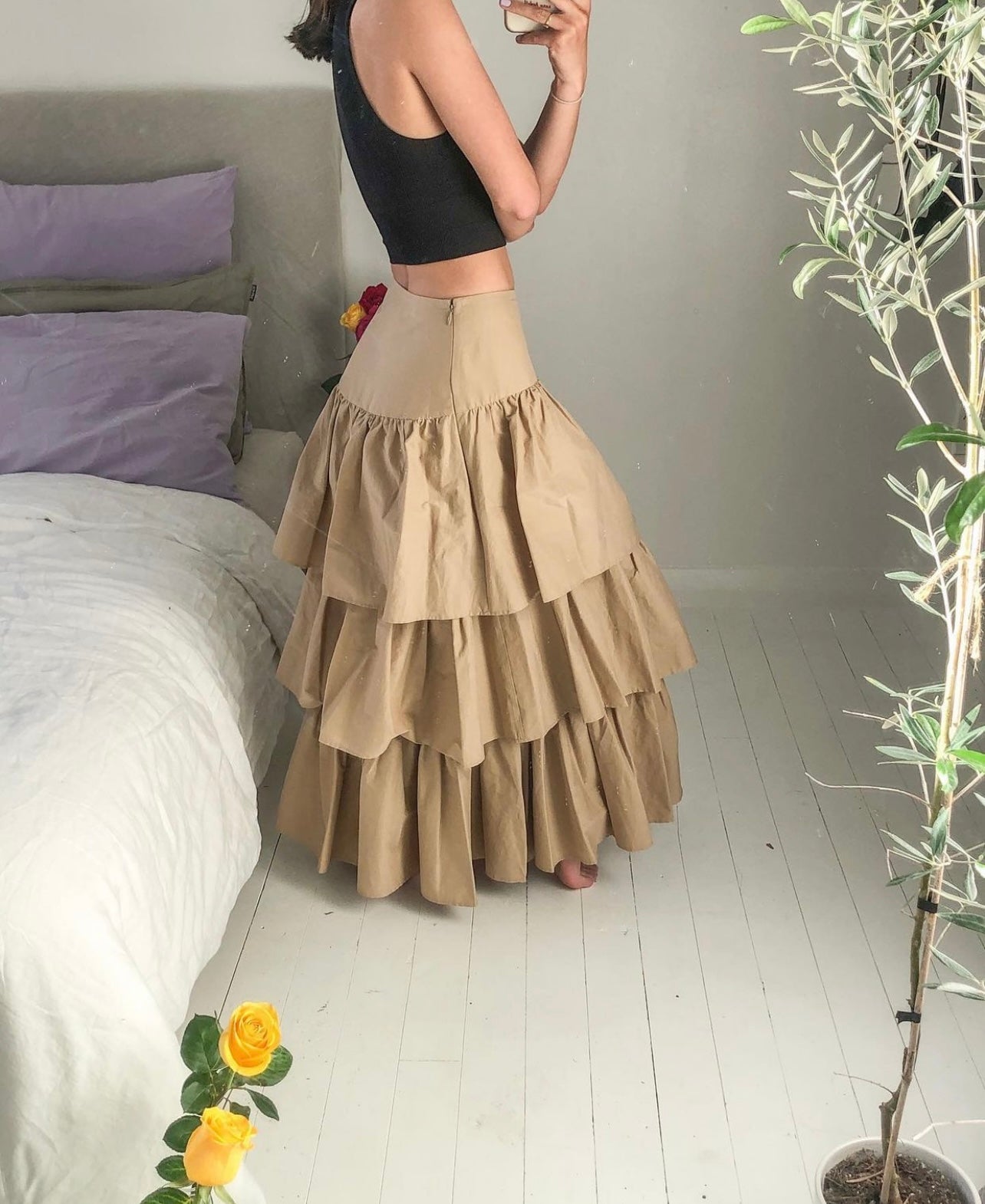 Beige long outlet ruffle skirt